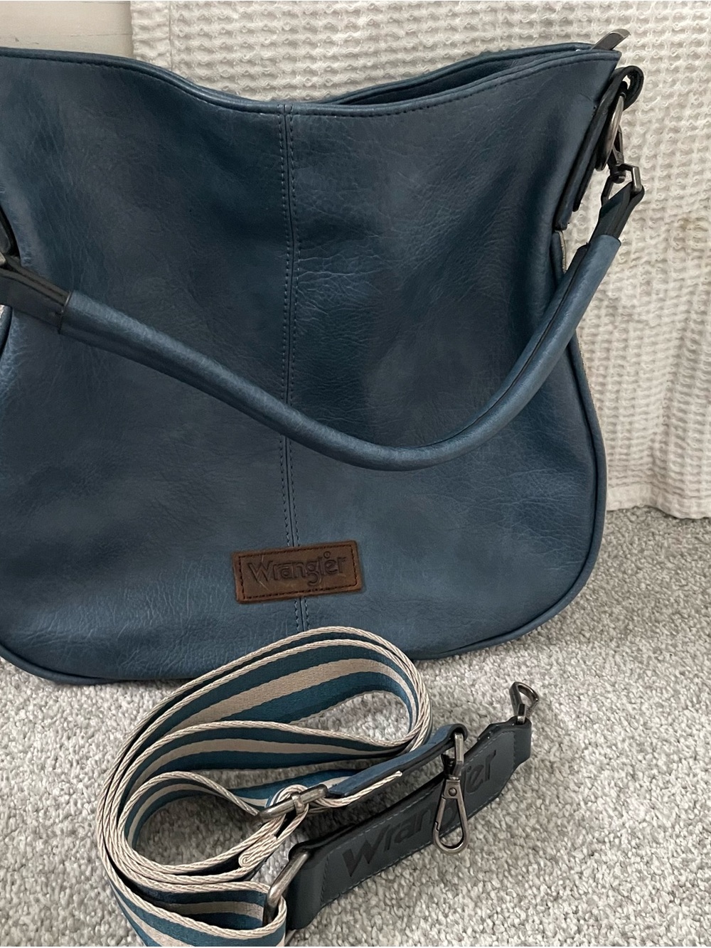 Wrangler Navy Blue FauLeather Shoulder Bag- Striped Detachable Guitar Strap